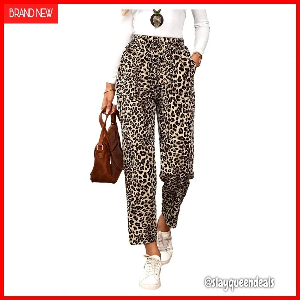 Women's Leopard Print Pants Elastic Waist Straight Leg Casual Trousers with